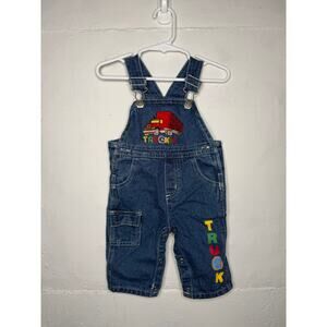 Vintage 90s Boys 3-6 Month Denim Embroidered Overalls Truck King Trucks